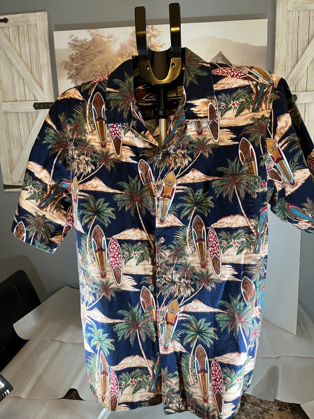 Navy Tropical Surfboard Hawaiian Camp Shirt Made in Hawaii XL